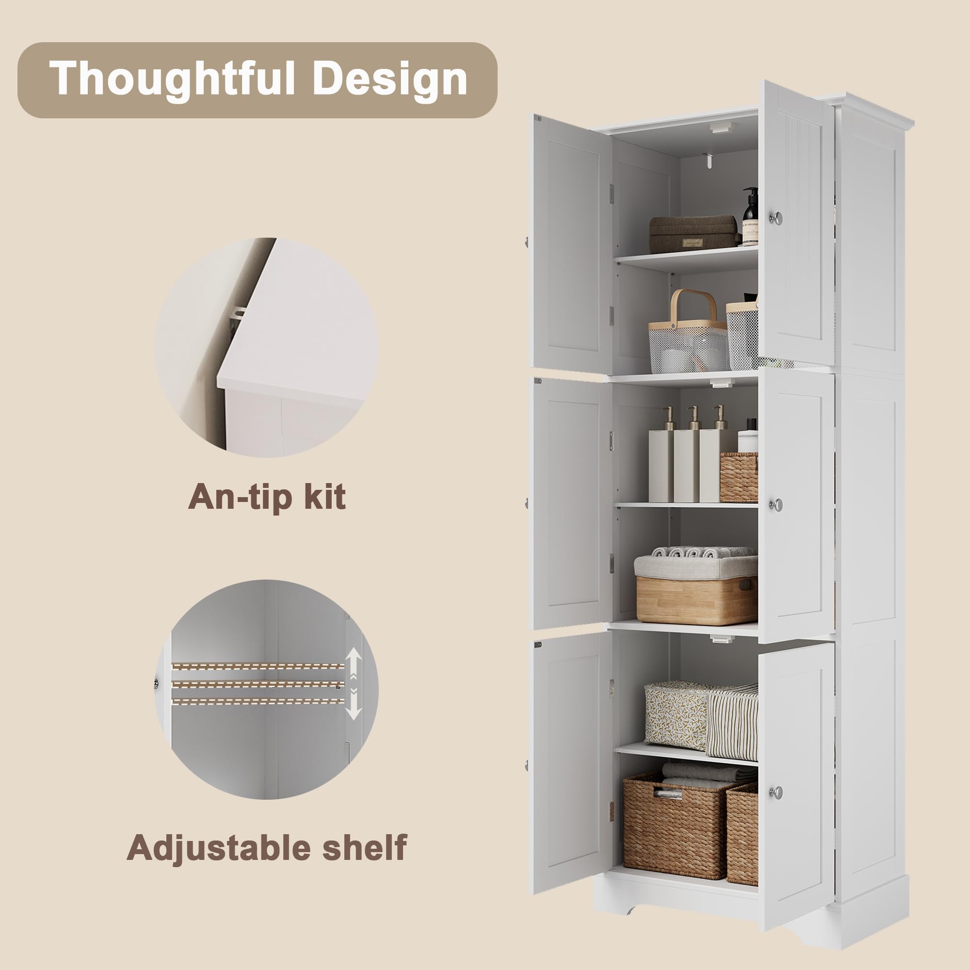 ChooChoo Tall Bathroom Storage Cabinet with 6 Doors, Freestanding Floor Cabinet with Adjustable Shelves, White Pantry Cabinet for Bathroom, Kitchen, Laundry Room - Image 5