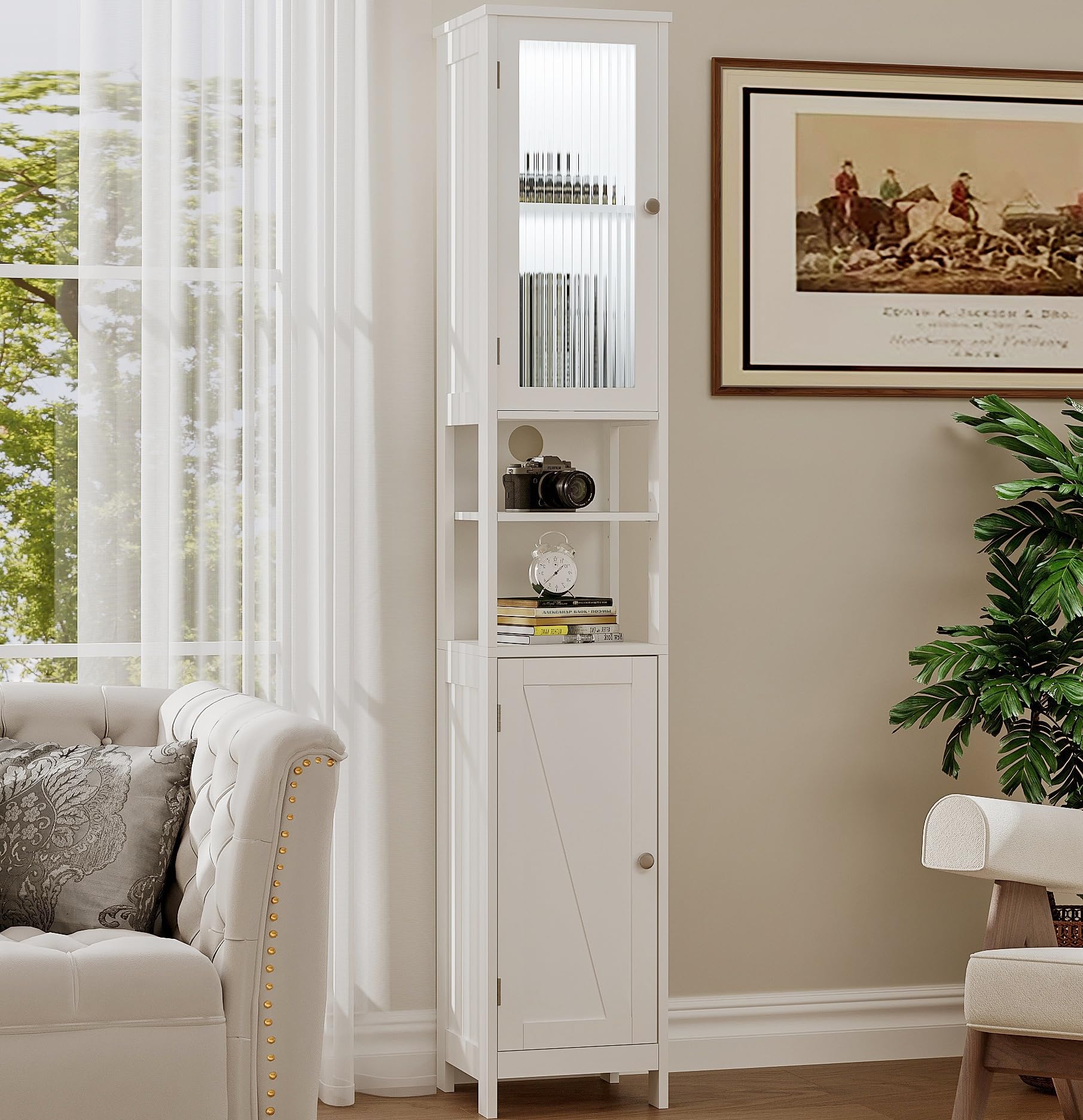 ChooChoo Tall Bathroom Storage Cabinet with Light, 5-Tier Narrow Bathroom Cabinet with 2 Doors, Slim Storage Linen Cabinet Freestanding with Adjustable Shelves for Space Saving, White - Image 4