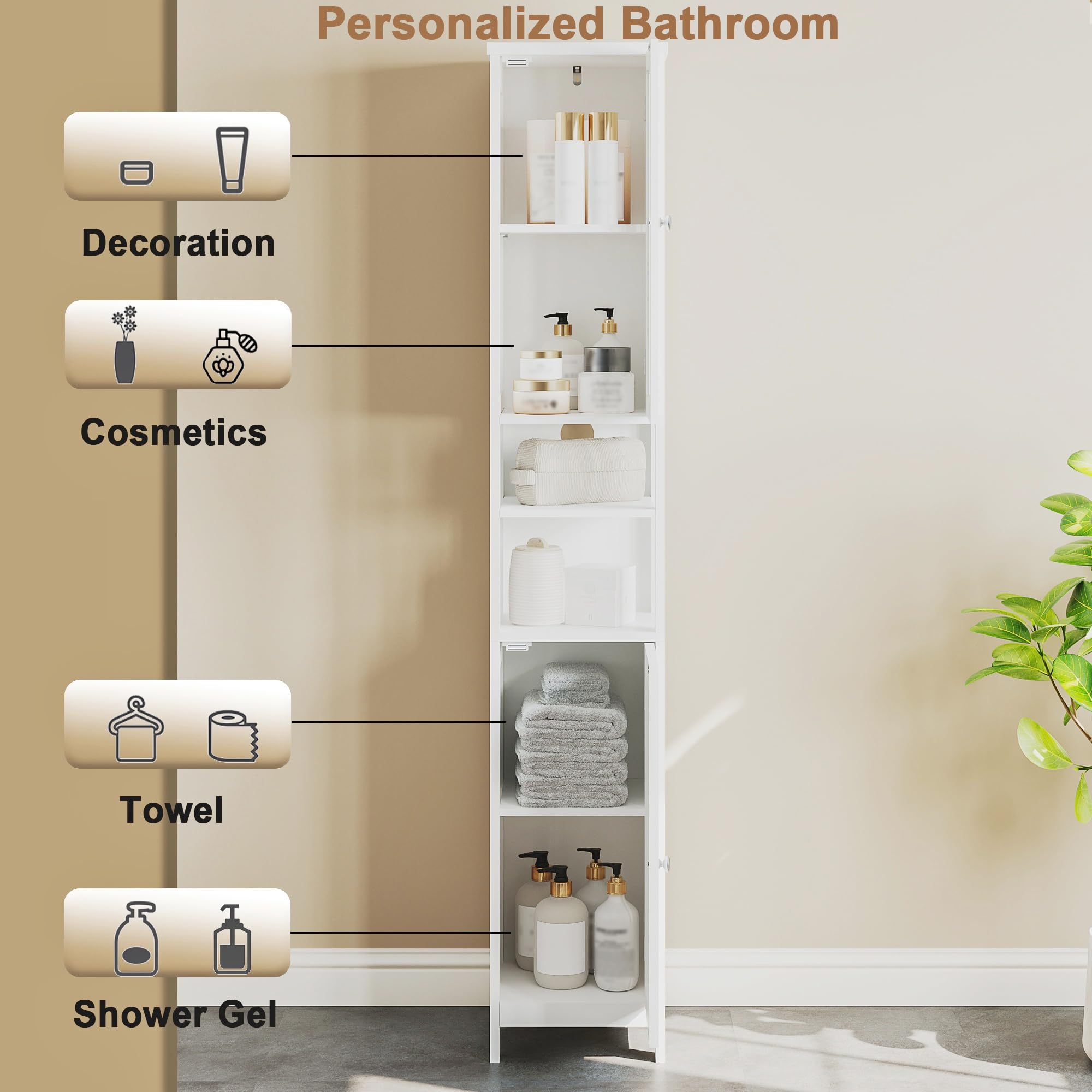 ChooChoo Tall Bathroom Storage Cabinet with Light, 5-Tier Narrow Bathroom Cabinet with 2 Doors, Slim Storage Linen Cabinet Freestanding with Adjustable Shelves for Space Saving, White - Image 6