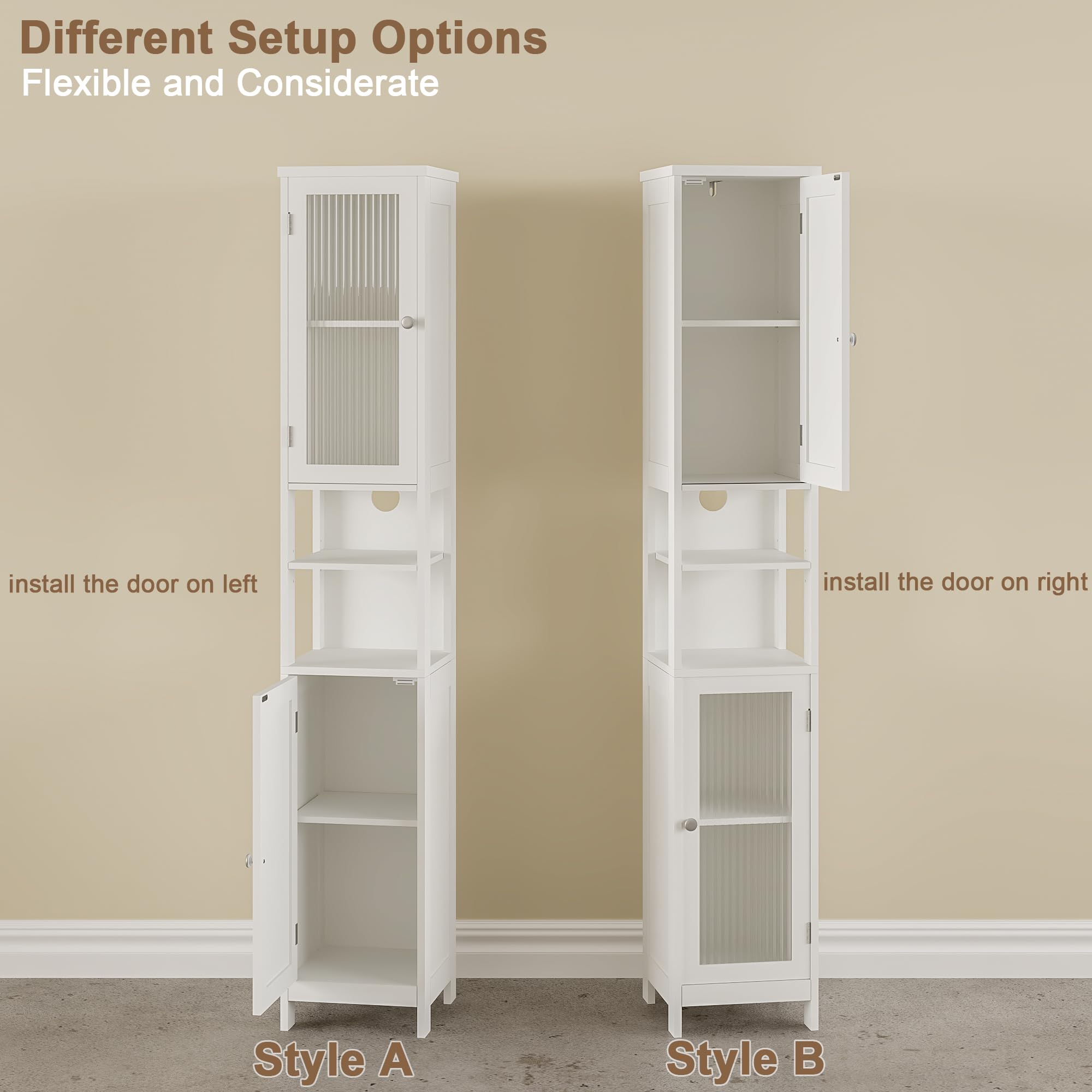 ChooChoo Tall Bathroom Storage Cabinet with Light, 5-Tier Narrow Bathroom Cabinet with 2 Doors, Slim Storage Linen Cabinet Freestanding with Adjustable Shelves for Space Saving, White - Image 7