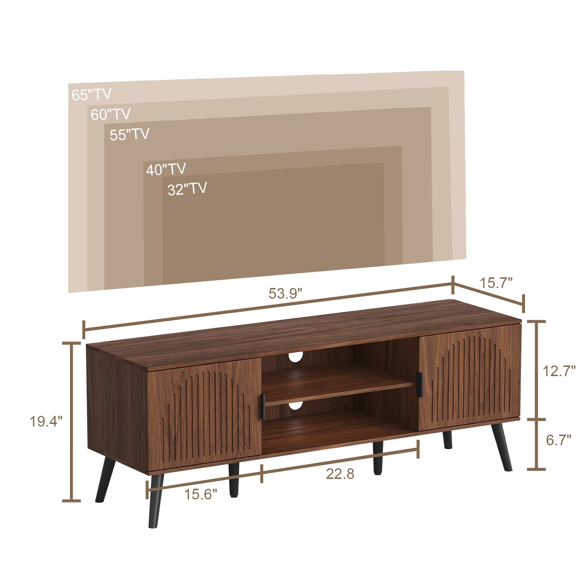 ChooChoo TV Stand for 55/60 Inch TV, Mid Century Modern TV Stand, Entertainment Center with Storage Cabinet and Open Shelves, TV Console Table Media Cabinet for Living Room, and Bedroom, Walnut - Image 3