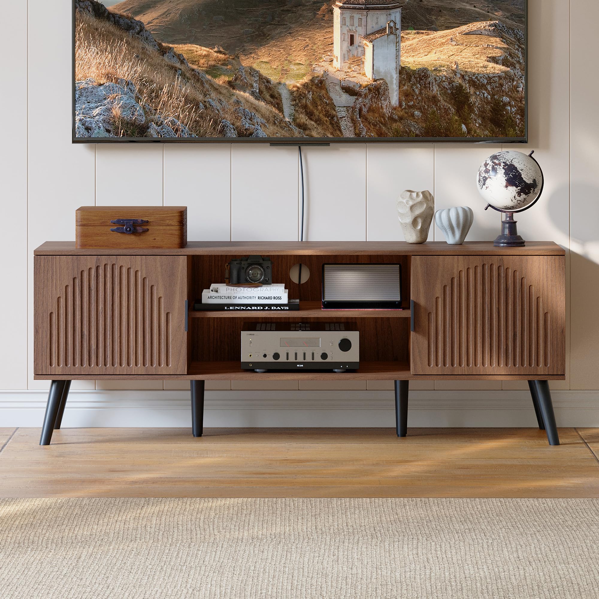 ChooChoo TV Stand for 55/60 Inch TV, Mid Century Modern TV Stand, Entertainment Center with Storage Cabinet and Open Shelves, TV Console Table Media Cabinet for Living Room, and Bedroom, Walnut - Image 4