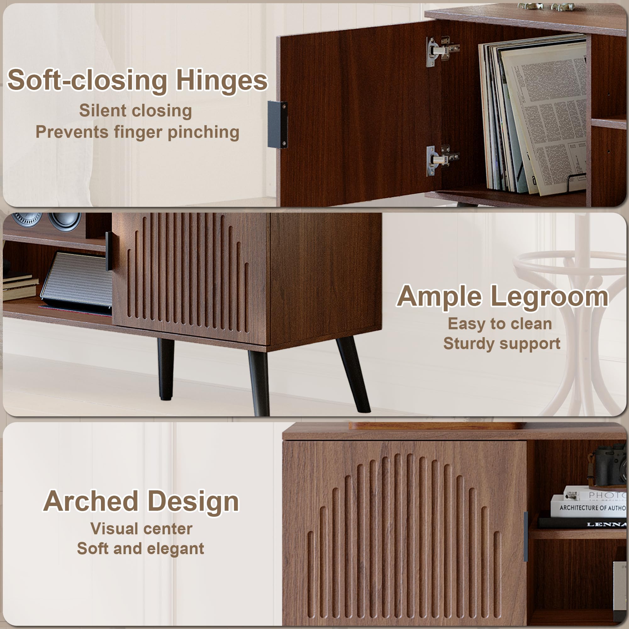 ChooChoo TV Stand for 55/60 Inch TV, Mid Century Modern TV Stand, Entertainment Center with Storage Cabinet and Open Shelves, TV Console Table Media Cabinet for Living Room, and Bedroom, Walnut - Image 5