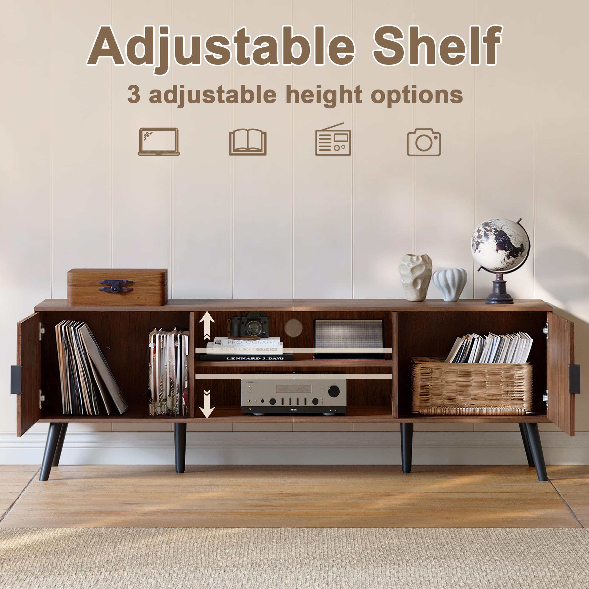 ChooChoo TV Stand for 55/60 Inch TV, Mid Century Modern TV Stand, Entertainment Center with Storage Cabinet and Open Shelves, TV Console Table Media Cabinet for Living Room, and Bedroom, Walnut - Image 6