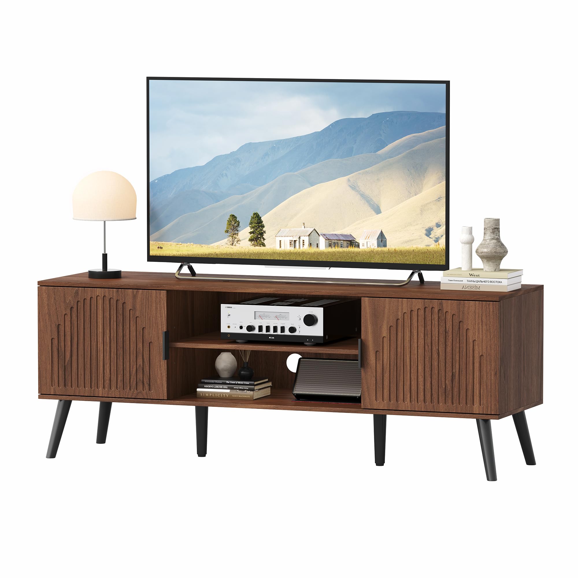 ChooChoo TV Stand for 55/60 Inch TV, Mid Century Modern TV Stand, Entertainment Center with Storage Cabinet and Open Shelves, TV Console Table Media Cabinet for Living Room, and Bedroom, Walnut - Image 7