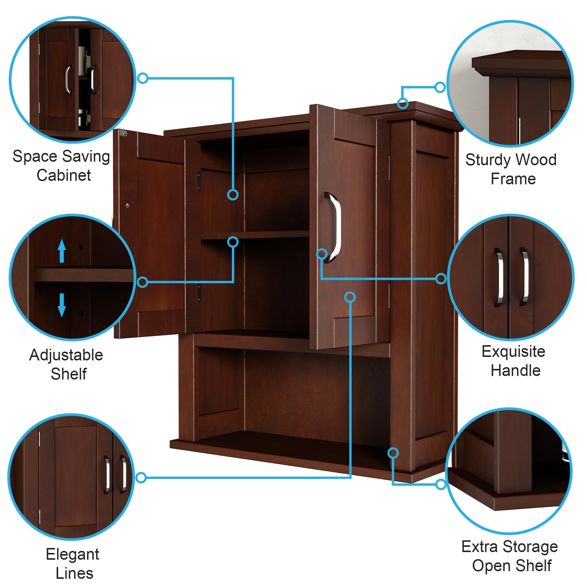 ChooChoo Wood Wall Cabinet with Doors, Medicine Cabinet with Adjustable Shelves Over The Toilet, Rustic Cabinet Wall Mounted for Bathroom, Kitchen, Living Room, Dark Cherry - Image 4